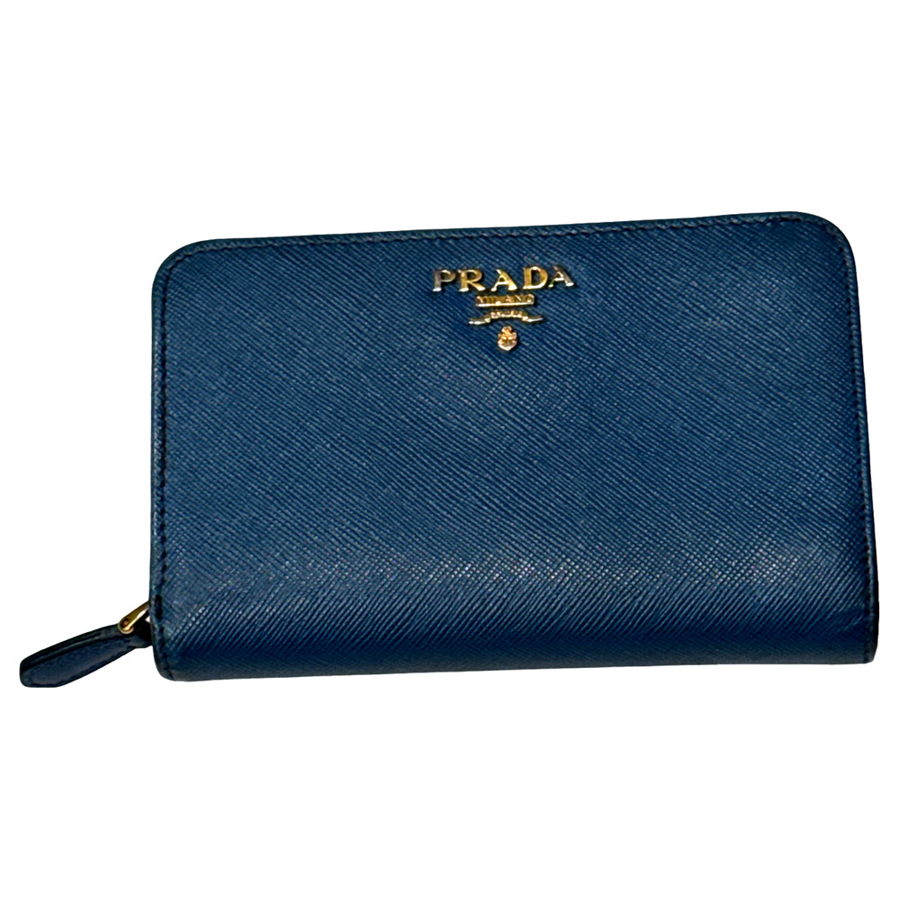 Prada Saffiano Leather Zip Around Coin Purse Card Case Wallet Blue Gold Logo